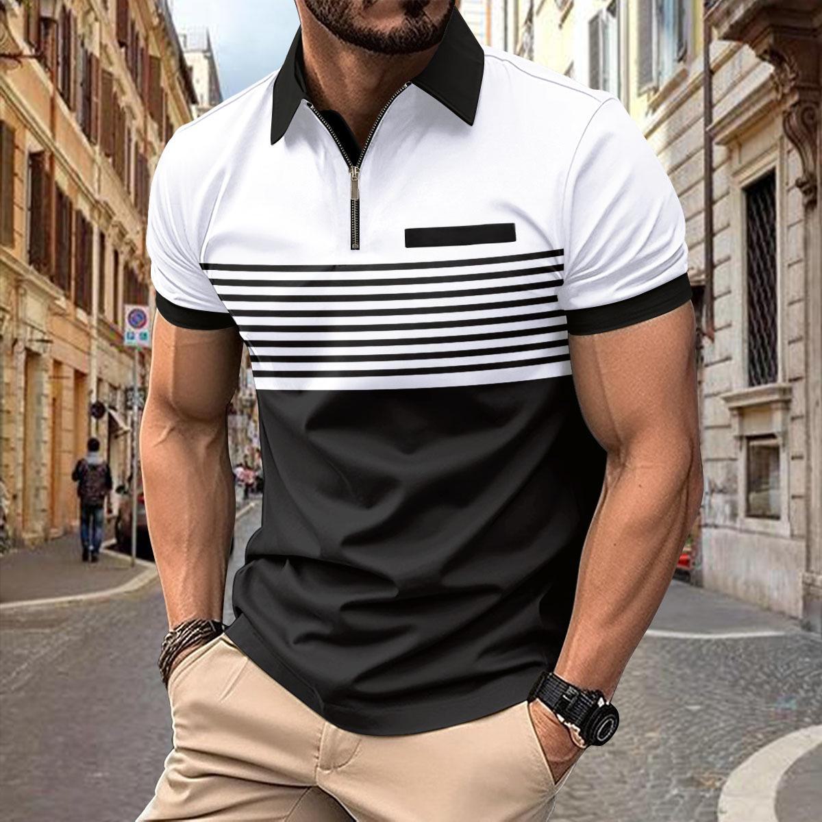 Top Men Wardrobe 2024 Heren Gestreept Casual Poloshirt met Borstzak met Ritssluiting XL grijs