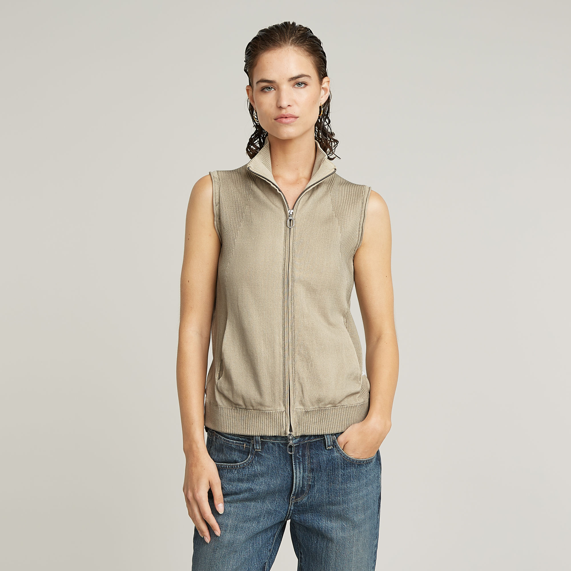 G-Star RAW Washed Zip Lichtgewicht Gebreide Top - Beige - Dames