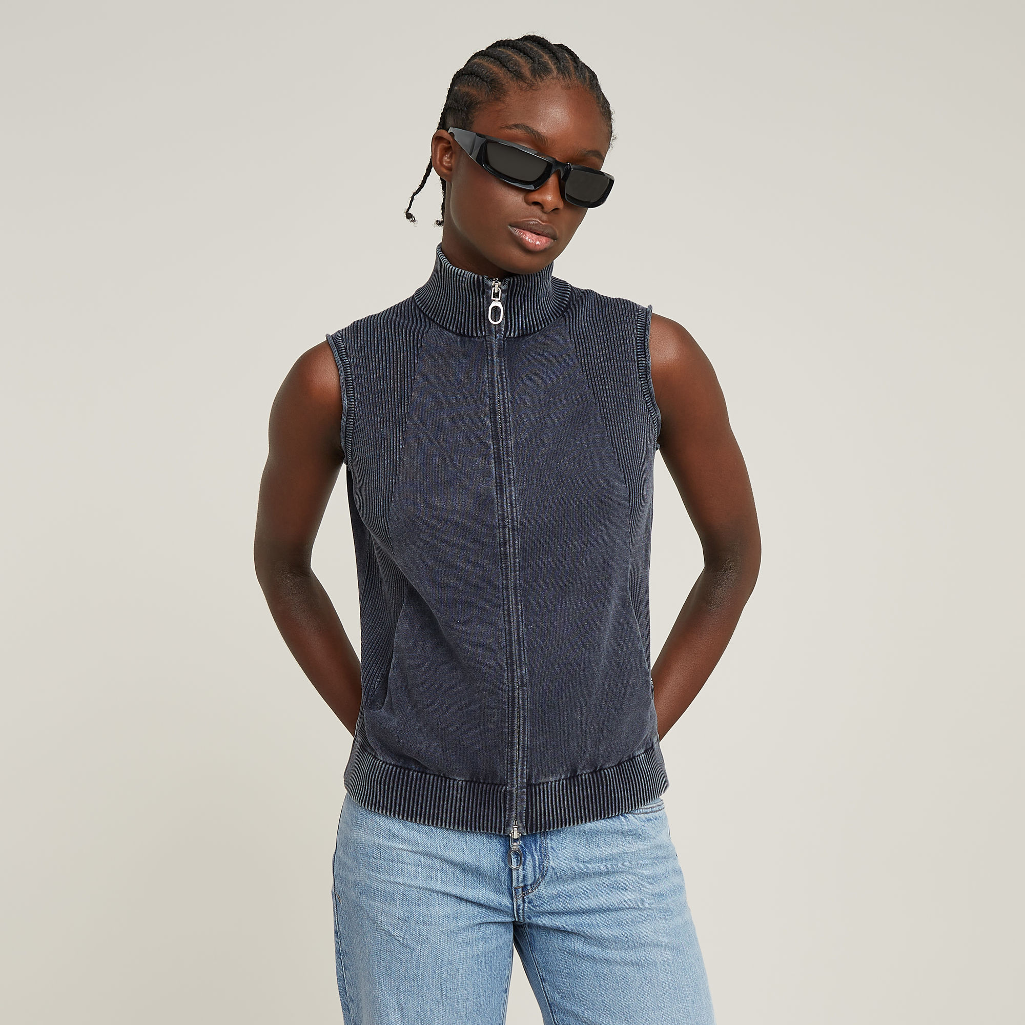 G-Star RAW Washed Zip Lichtgewicht Gebreide Top - Donkerblauw - Dames