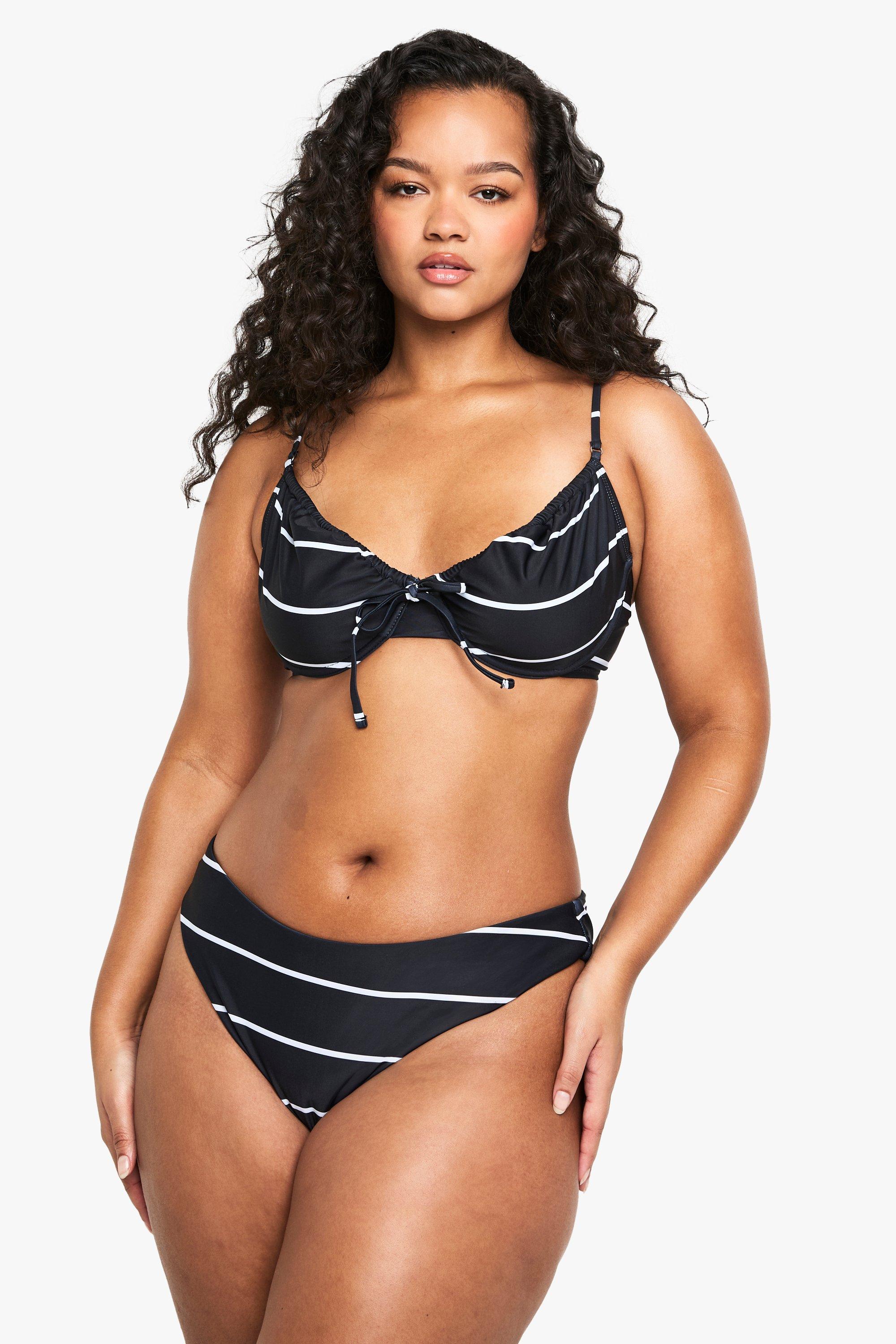 Boohoo Plus Gestreepte Badmode Essentials Bikini Top Met Beugel, Black