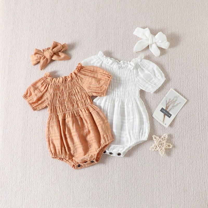 BOOSKU Zomer pasgeboren baby meisjes bodysuit + hoofdband mousseline korte mouw jumpsuits kinderen onepiece effen kleur babykleding 80