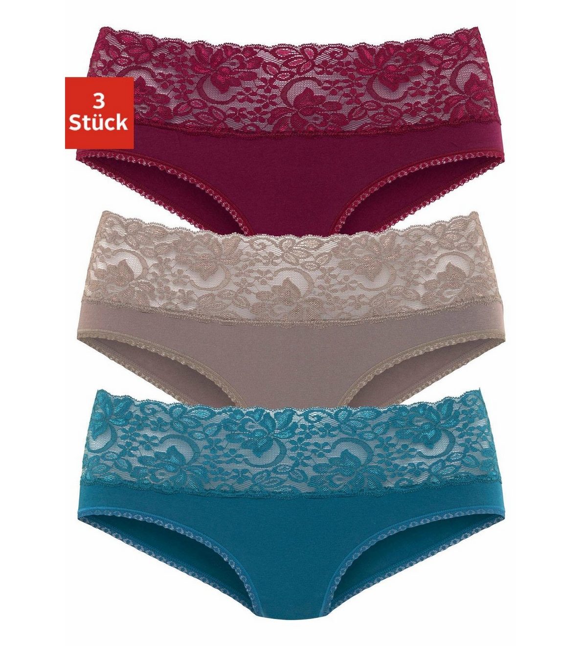 Vivance Slip van elastische katoen met florale kant (3 stuks)