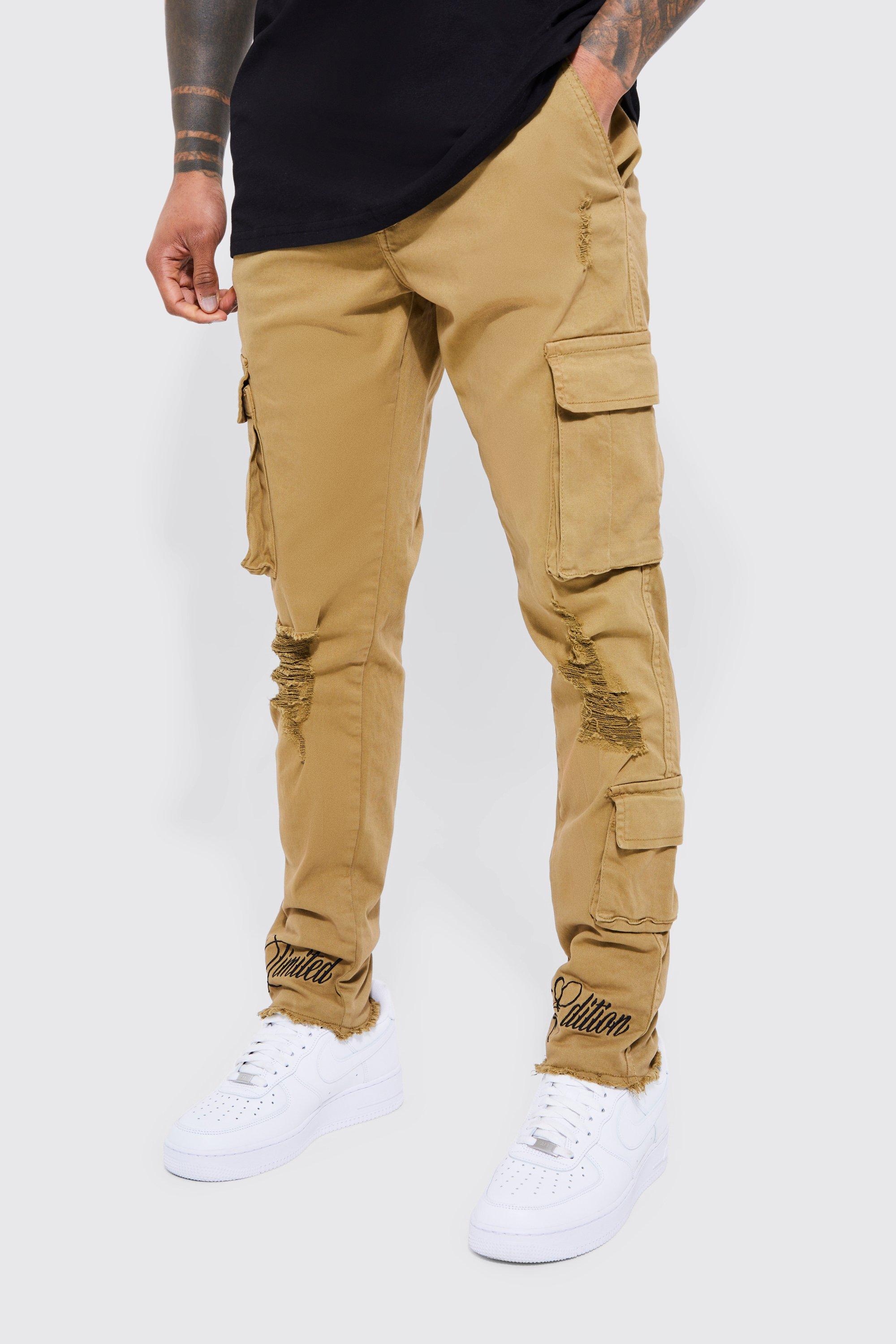 Boohoo Gescheurde Geborduurde Skinny Fit Skinny Fit Cargo Broek Met Tailleband, Tan