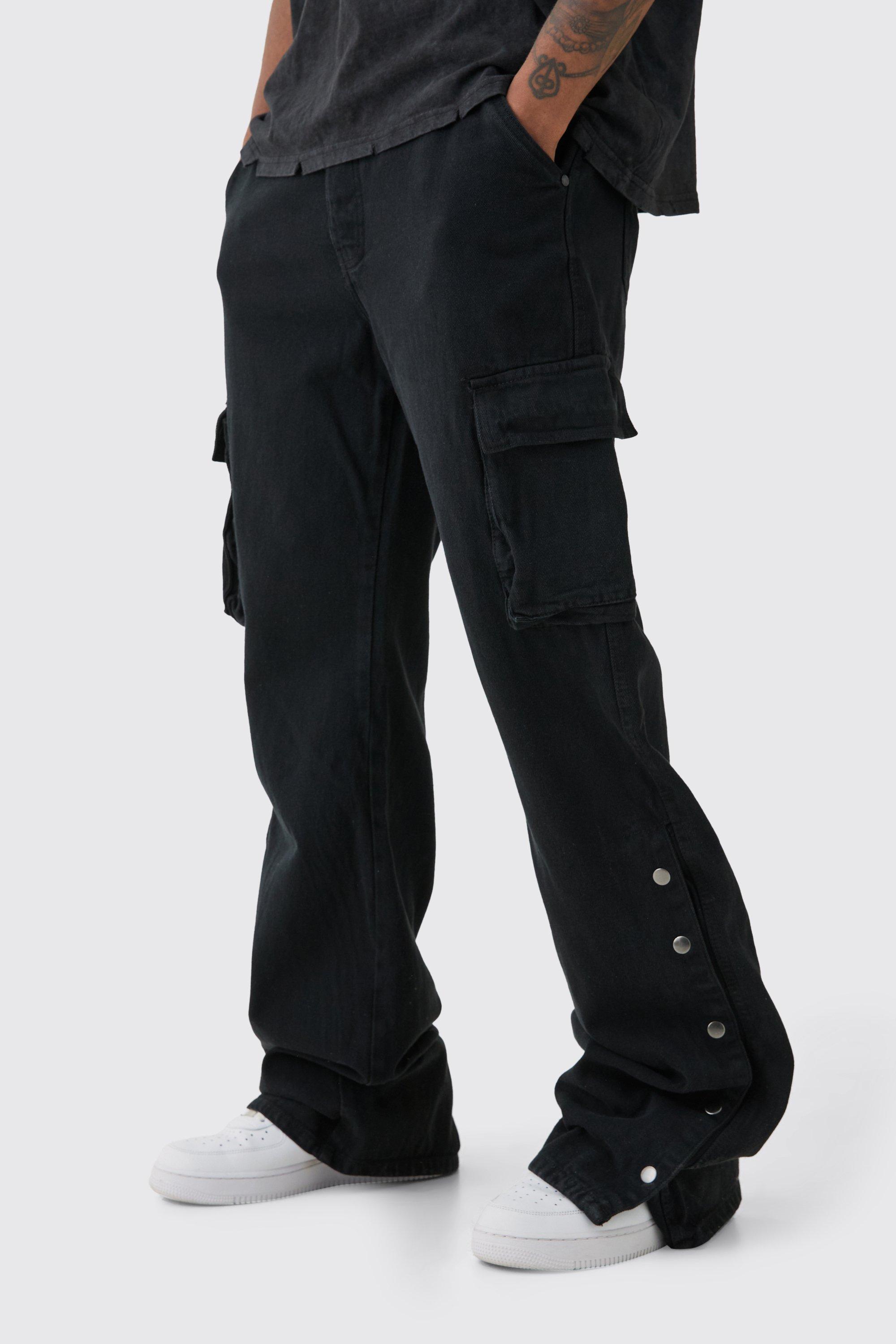 Boohoo Tall Baggy Flared Overdye Cargo Broek Met Drukknoopjes In Zwart, Black