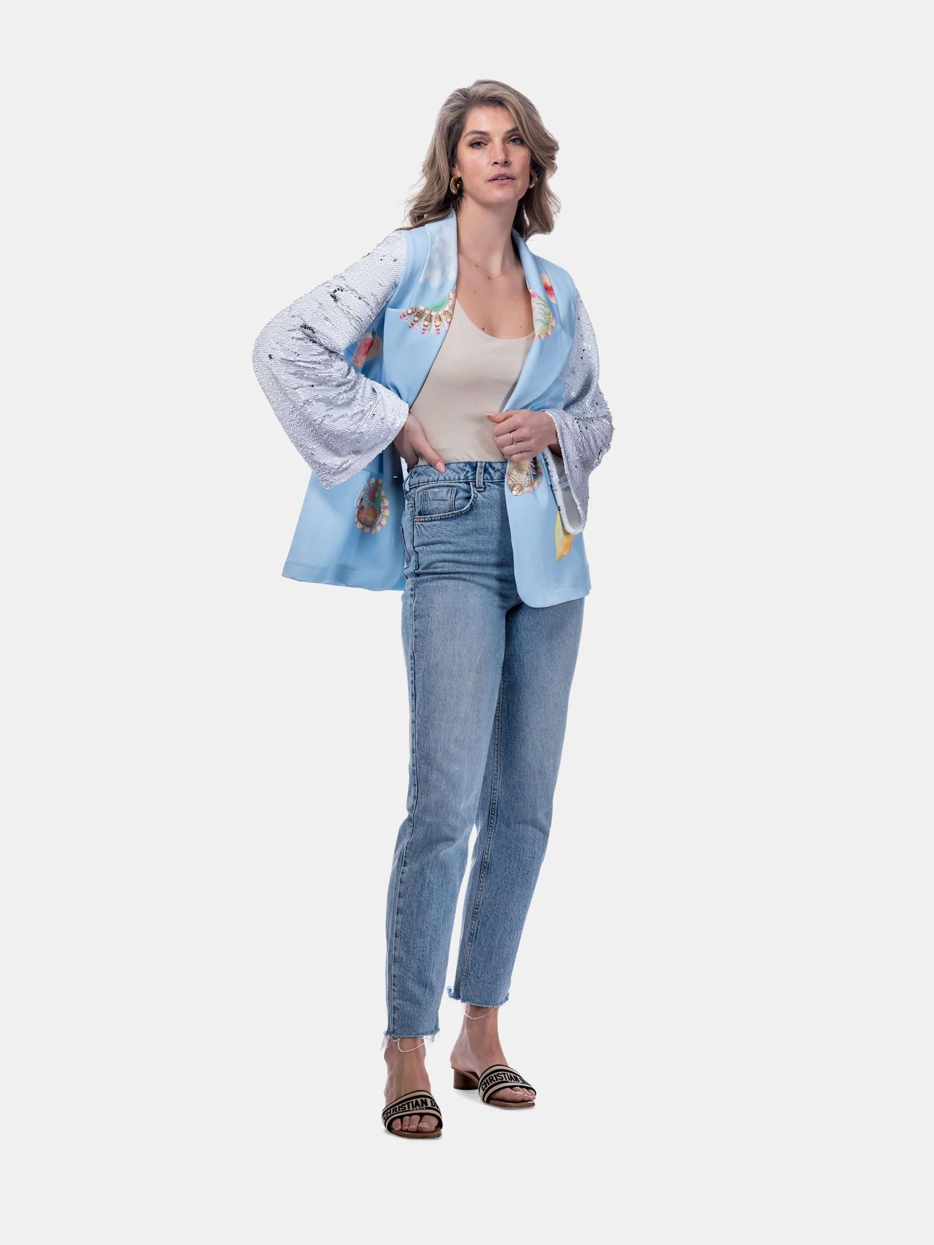 Mucho Gusto  blazer zanè lichtblauw citroen klimaat print
