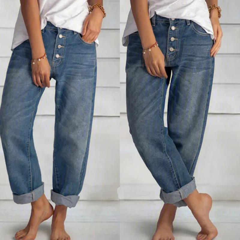 Get one 2024 Europese en Amerikaanse exclusieve nieuwe afslankende denim rechte broek voor vrouwen. Casual, veelzijdig en stijlvol. XL blauw