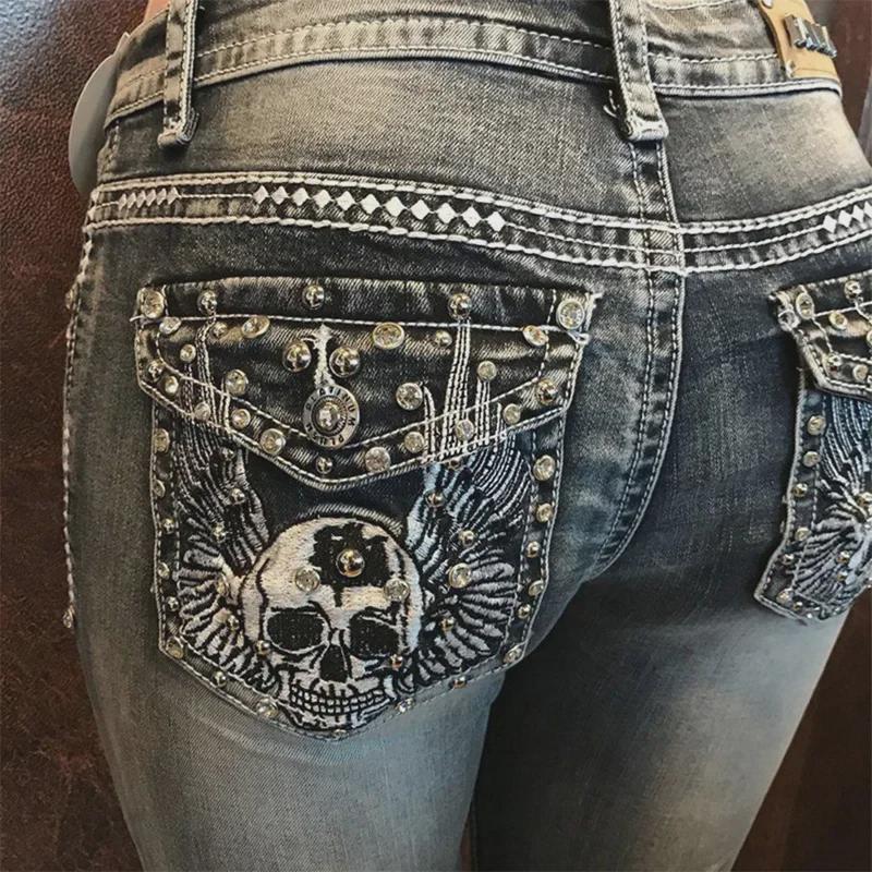 VantaGoods Europese Street Fashion Slim Fit Elastische Jeans met Geborduurde Schedel en Hot Diamond Design voor Dames 2XL zwarte grijze kleur