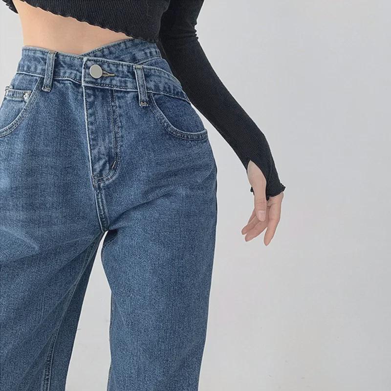 VantaGoods Retro jeans met hoge taille en wijde pijpen voor dames – lente-/zomerontwerp met schuine gesp en losse pasvorm L
