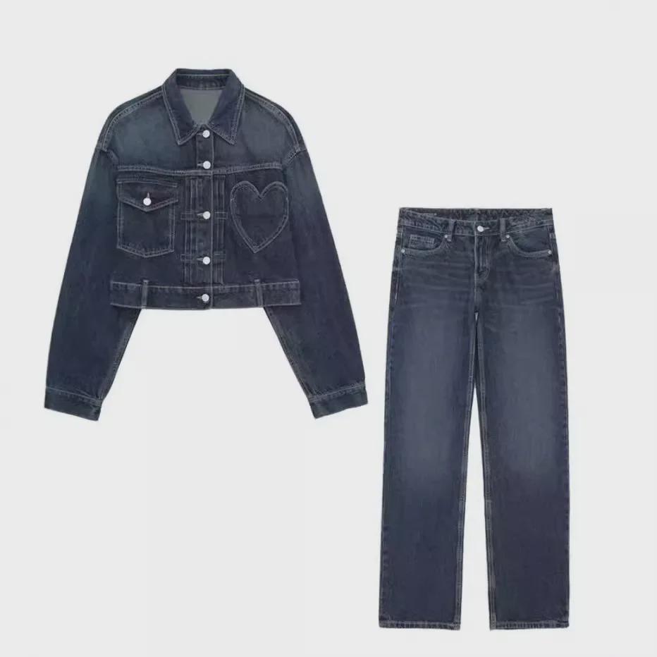 VantaGoods Damesmode Denimjack & Hoge Taille Rechte Broek Pak 8197003 8197002 Extra Small