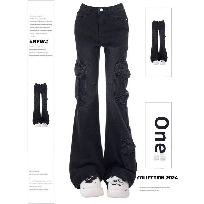 VantaGoods Dames zwarte en grijze denim overall met hoge taille en uitlopende pijpen - Nationale trend, Amerikaanse stijl, grote maat, afslankende hoefijzervormige pasvorm. 2XL grijze kleur/zwart