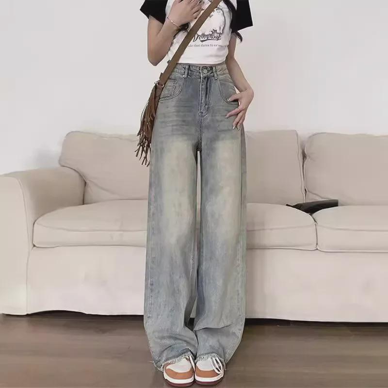 VantaGoods 2024 Dames Hoge Taille Wijde Pijp Blauwe Jeans: Ruwe rand, losse pasvorm, veelzijdige draperie. XS blauw