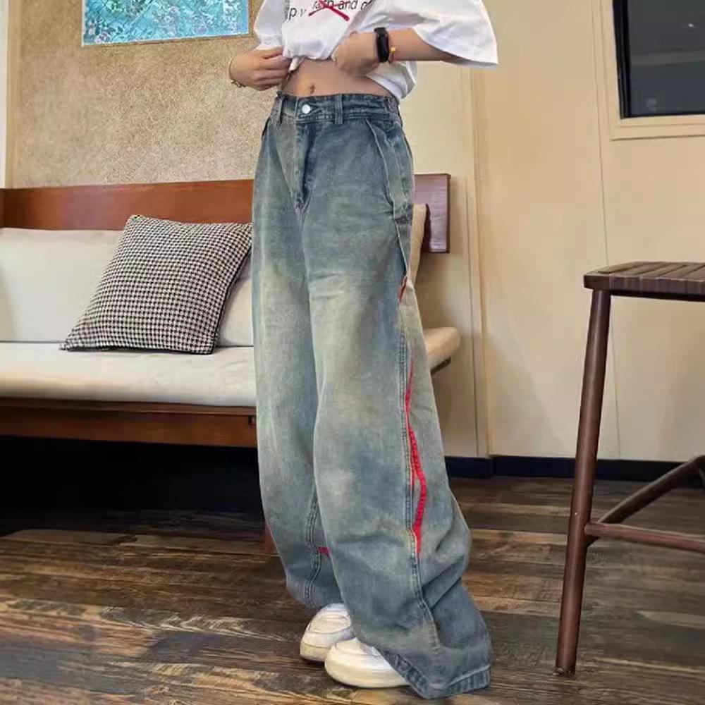 VantaGoods Unisex Amerikaanse Retro Gestreepte Wijde Jeans blauw