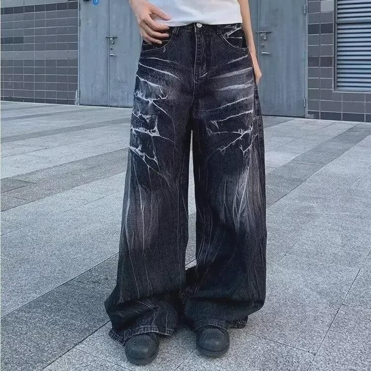 VantaGoods Unisex gewassen distressed bliksempatroon wijde jeans - Trendy Harajuku-stijl voor lente en herfst M grijze kleur/blauw
