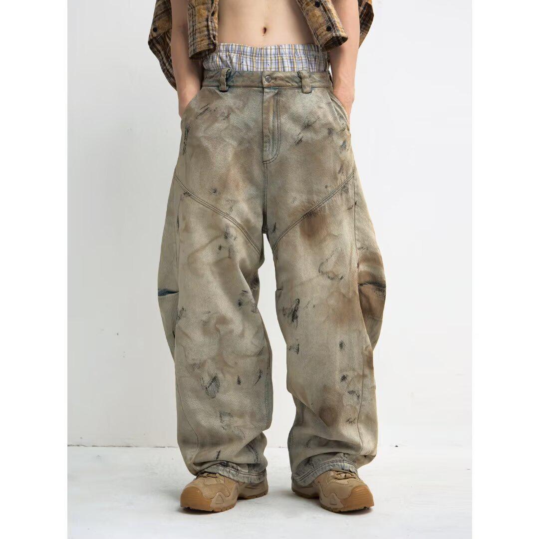 VantaGoods Gele moddergeverfde zwaar gewassen wijde pijpen distressed gender-free jeans Extra Large bruin