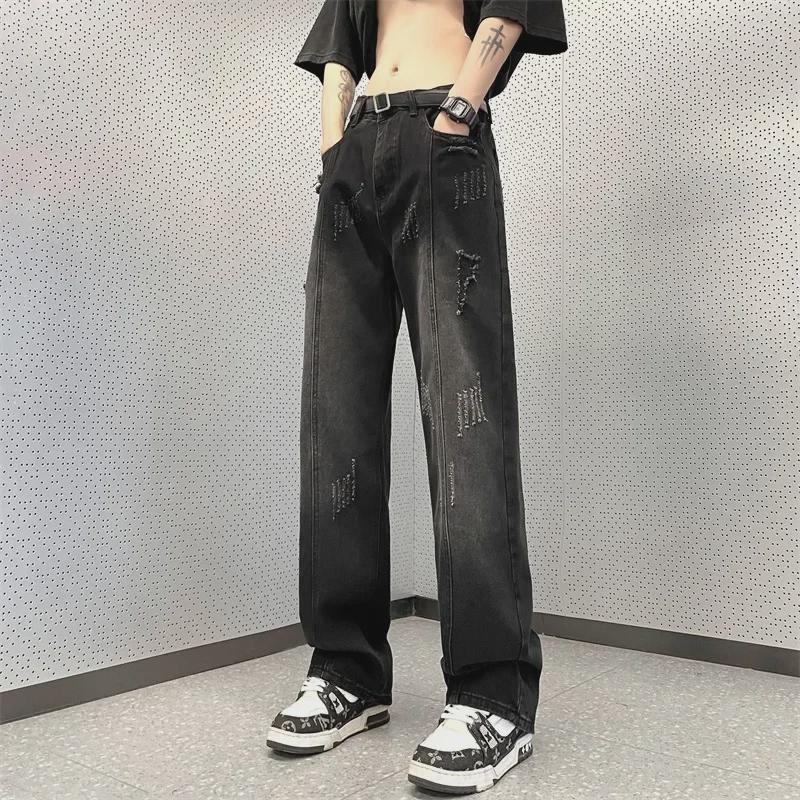 VantaGoods Heren Zomer Zwarte Versleten Wijde Jeans - Trendy, Losse, High-Street Vibe, All-Match, Gescheurde Rechte Broek Medium