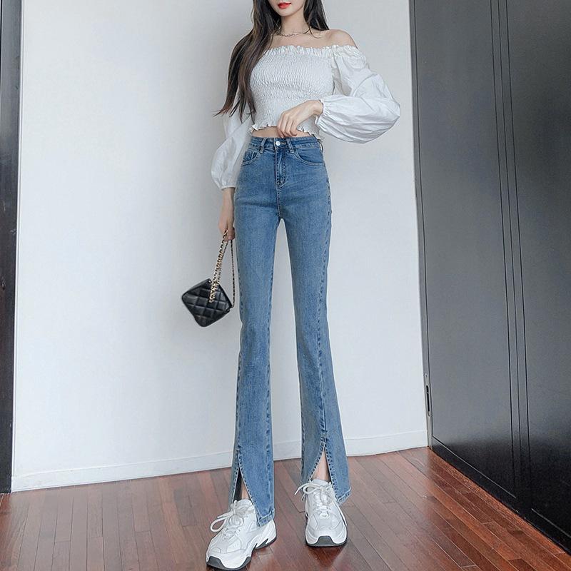 VantaGoods Zomerse retro slim fit flared jeans met splitzomen voor dames Medium