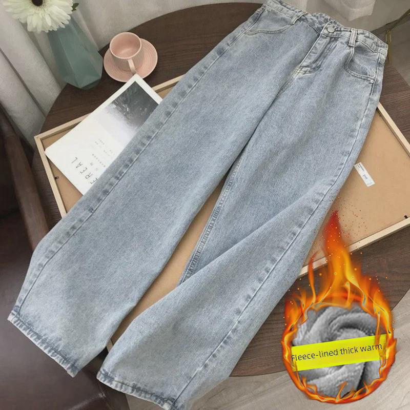 VantaGoods Meisjes's hoog getailleerde fluwelen gevoerde wijde Koreaanse jeans - Warm, slankmakend en tot op de grond M