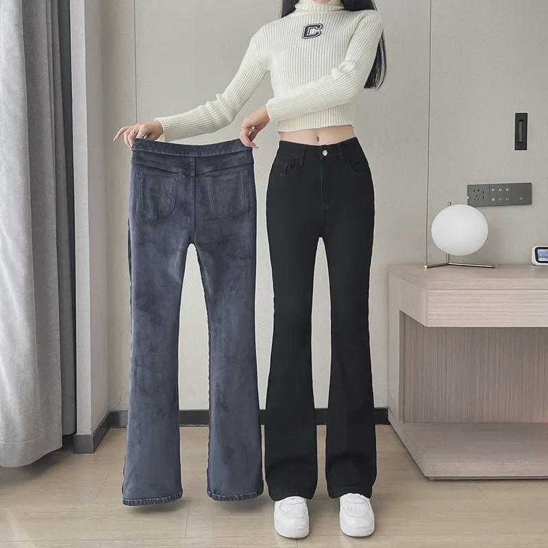 VantaGoods Dames High-Waist Zwarte Slim Fit Flared Jeans met Fluweel, Herfst/Winter 2023 Extra Large