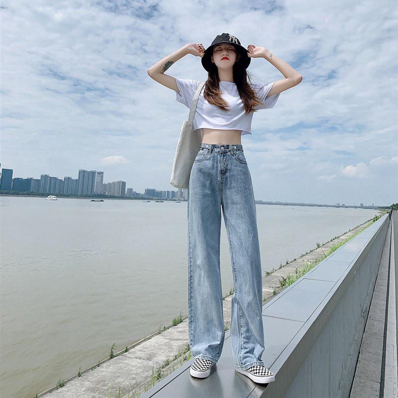 VantaGoods Dames wijde hoge taille mopping jeans - verstelbare taille, Koreaanse stijl, veelzijdig voor lente en zomer 2XL