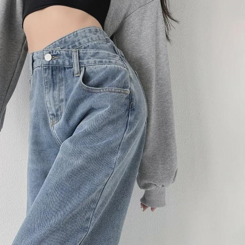 VantaGoods Dames jeans met hoge taille en wijde pijpen - losse pasvorm, schuine gesp, nisontwerp, perfect voor de zomer L