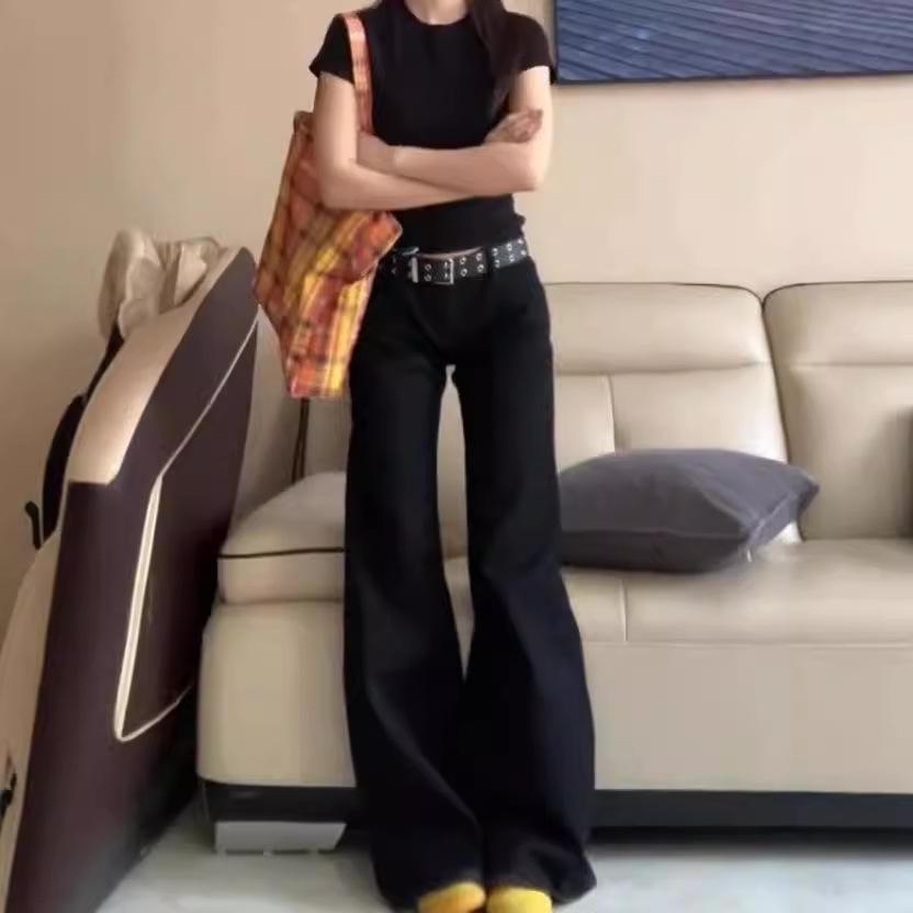 VantaGoods Zwarte Low-Waist Flared Jeans voor dames - Retro Amerikaanse stijl, losse pasvorm, slanke wijde pijpen, lange broek voor de zomer Large wit
