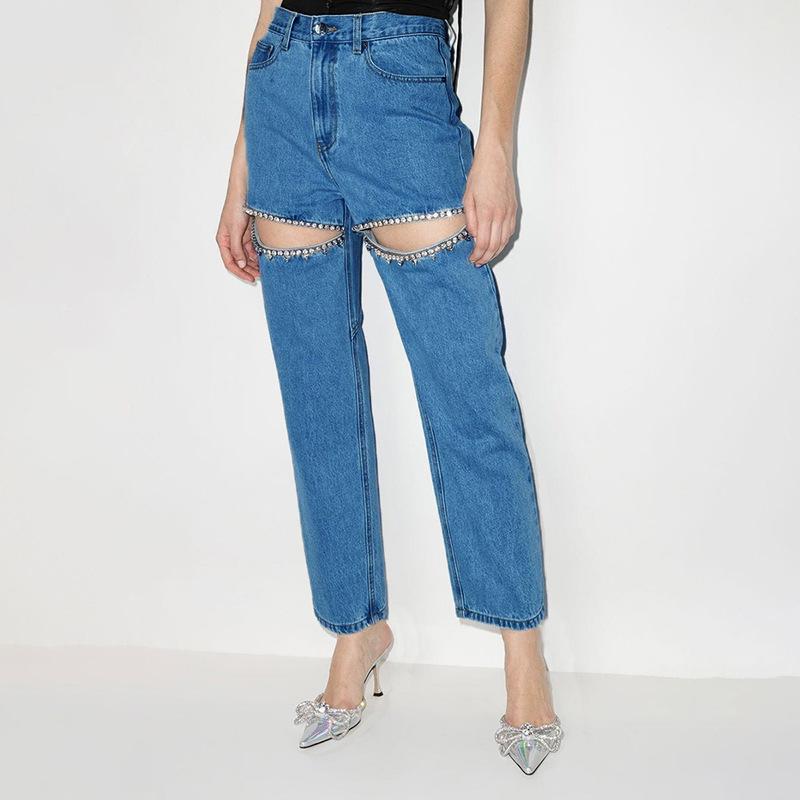 Qiu Yi Damesbroek Mode Niche Diamant Studded Kralen Mid-waist Rechte Lange Dij Uitsnijding Jeans S donkerblauwe kleur