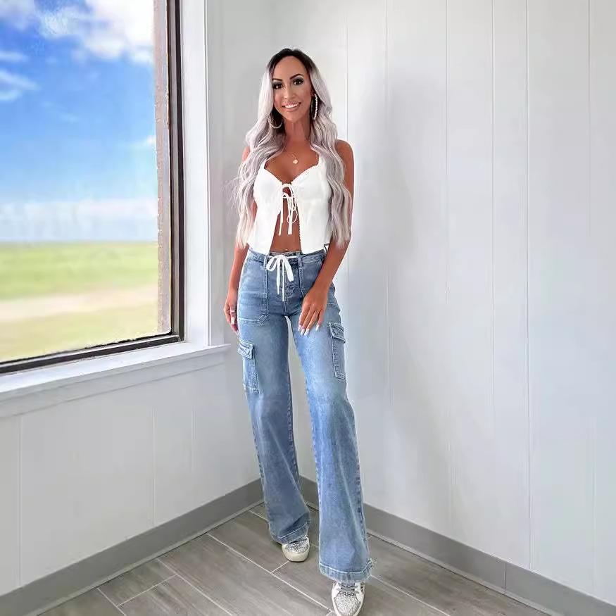 Qiu Yi Crew Jeans Dames Casual Lace-Up Multi-Pocket Functionele Werkbroek S lichtblauwe kleur