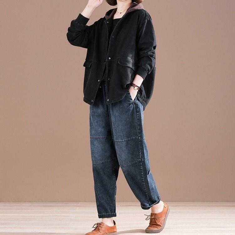 Qiu Yi Lente en herfst retro grote maten broek die vlees bedekt literaire oude grond Harlem broek dames losse jeans M blauw