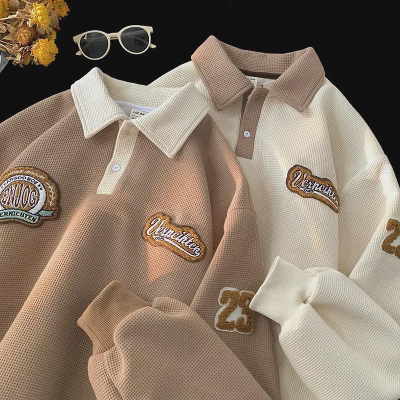 VantaGoods Heren wafel polo sweatshirt: Trendy geborduurde retro revers, lange mouwen jas voor lente en herfst XL abrikoos