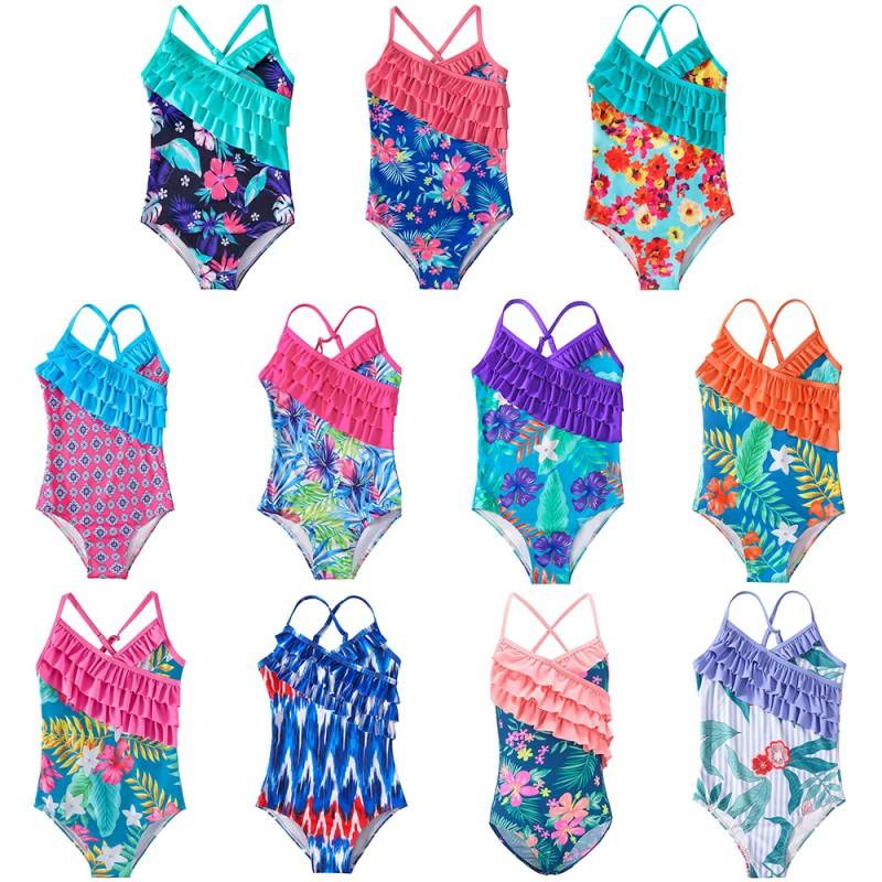 BOOSKU Meisjes Eendelig Zoet Ruche Badpak Voor 3-10 jaar Schattig Bloemenprint Schoonheid Terug Jarretel bodysuit Badmode Strandkleding 130