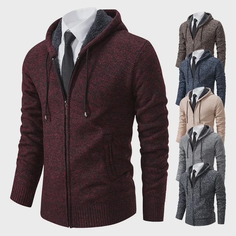 VantaGoods Heren gebreide cardigan met capuchon en fluwelen voering - Casual bovenkleding voor de herfst en winter.