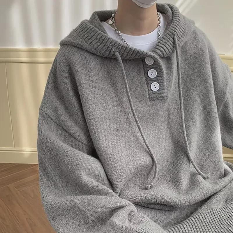 VantaGoods Unisex effen gebreide trui met capuchon: Zacht, casual, losse pasvorm voor herfst en winter 2XL grijze kleur