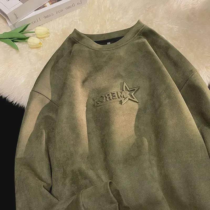 VantaGoods Oversized suède sweatshirt voor heren - Trendy wintershirt, zonder capuchon, Amerikaanse high street-stijl, comfortabel en relaxte pasvorm. M zwart