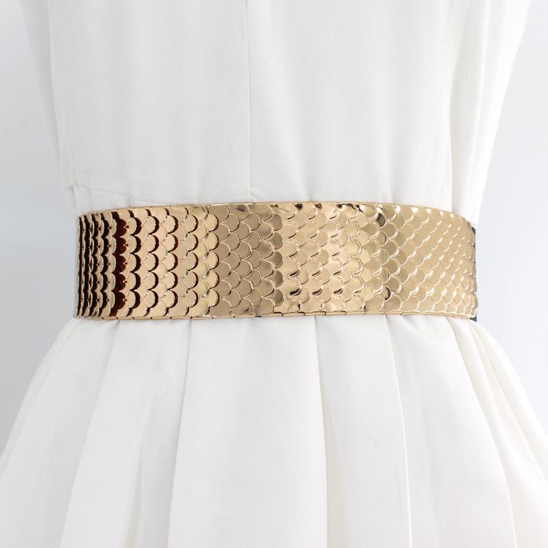 VantaGoods Damesmode Metalen Elastische Riem met Visschubbenpatroon - Veelzijdige Brede Elastische Tailleband voor Jurken zilver