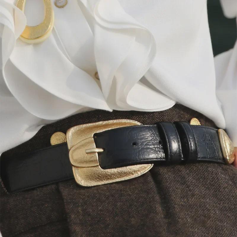 VantaGoods Vintage gouden gesp Franse leren riem - brede koeienhuid dames mode accessoire 90cm x 3cm