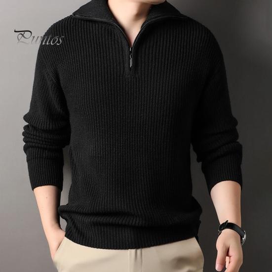 DILLER Heren Herfst Winter Trui Revers Losse Halve Rits Lange Mouwen Mid Lengte Effen Kleur Retro Gebreide Trui M zwart