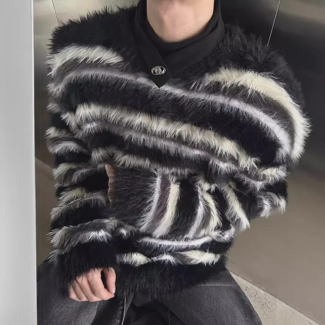 VantaGoods Heren Pluche Mohair Zwart & Wit Gestreepte Trui - Hoogwaardig Eenvoudig Gebreid Ontwerp XL zwart