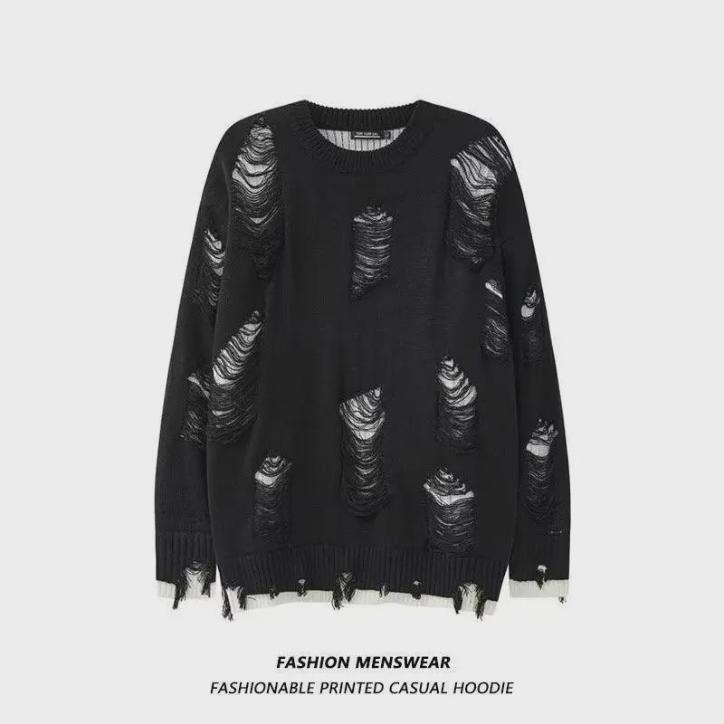 VantaGoods Unisex Trendy Dikke Dubbellaagse Gebreide Trui met Gaten Medium grijze kleur