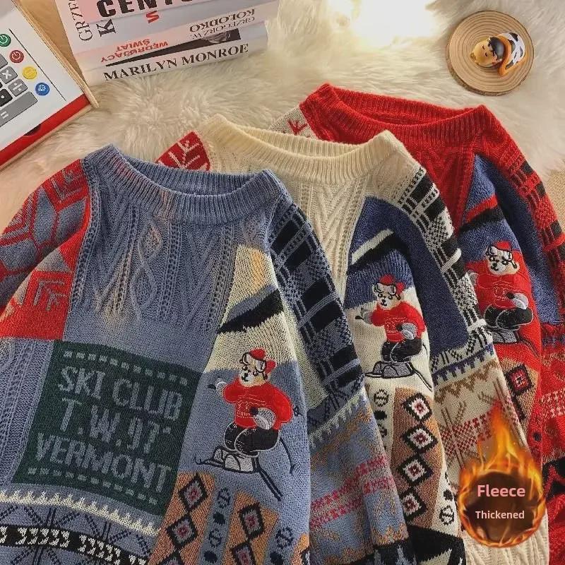 VantaGoods Heren Winter Retro Geborduurde Beer Trui: Los, warm, plus fluwelen gebreid ontwerp voor koppels M