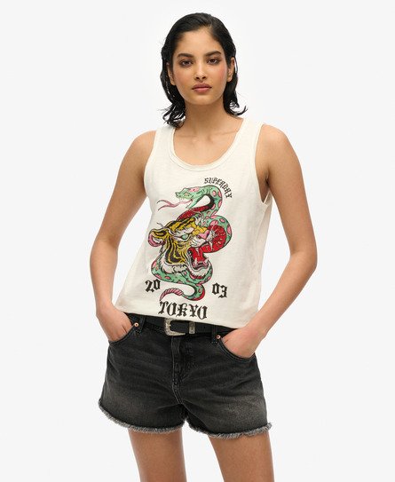 Superdry Vrouwen Neo Trad Tattoo Tanktop met Laag Uitgesneden Ronde Hals Wit