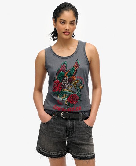 Superdry Vrouwen Neo Trad Tattoo Tanktop met Laag Uitgesneden Ronde Hals Zwart