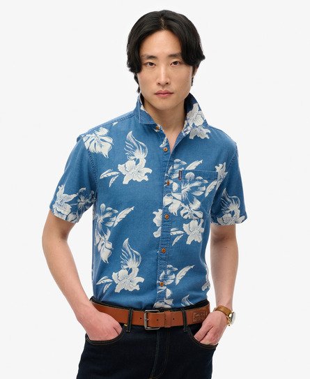 Superdry Mannen Vintage Loom Overhemd met Korte Mouwen Blauw