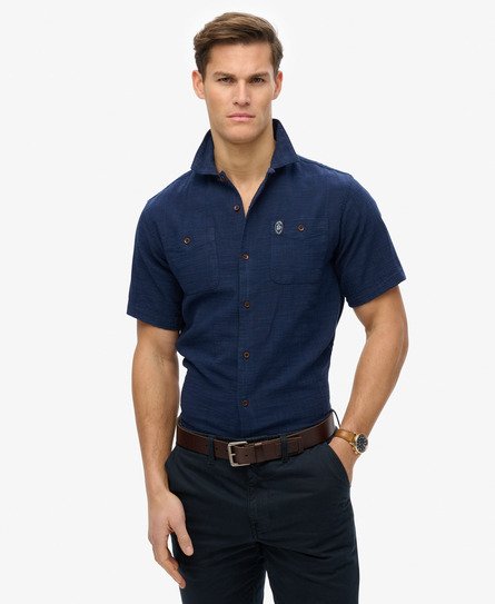 Superdry Mannen The Merchant Store - Overhemd met Korte Mouwen en Textuur Blauw