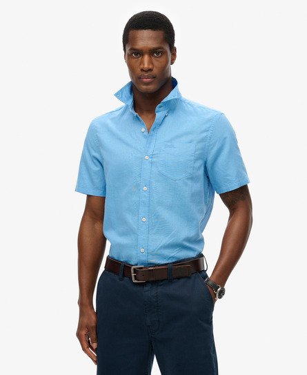 Superdry Mannen Katoenen Linnen Overhemd met Korte Mouwen Blauw