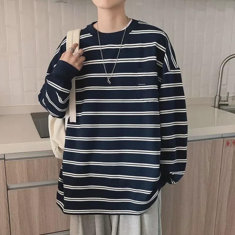 VantaGoods Trendy gestreepte trui met lange mouwen voor heren: Stijl in Hongkong, losvallend, veelzijdig voor lente en herfst. 3XL zwart
