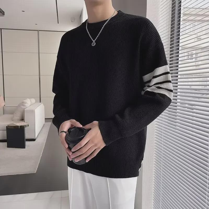 VantaGoods Heren herfst/winter gestreepte ronde hals wollen trui - Trendy casual lang mouwen gebreid shirt, Koreaanse stijl Large wit
