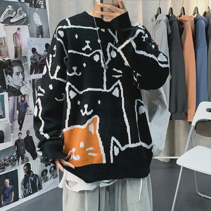 VantaGoods Trendy Hong Kong-stijl cartoontrui voor heren - losse pasvorm, ronde hals, gebreide herfst/wintermode voor studenten L