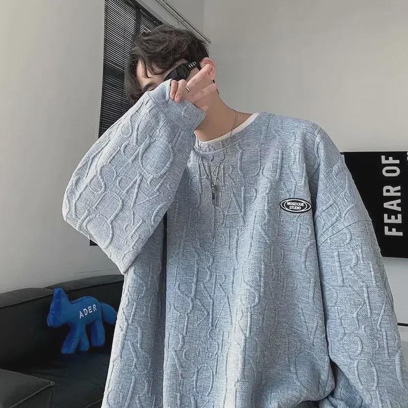 VantaGoods Heren herfst wafel sweatshirt: Trendy, losvallende, lange mouwen, ronde hals Korea-geïnspireerde hiphopjas 5XL grijze kleur
