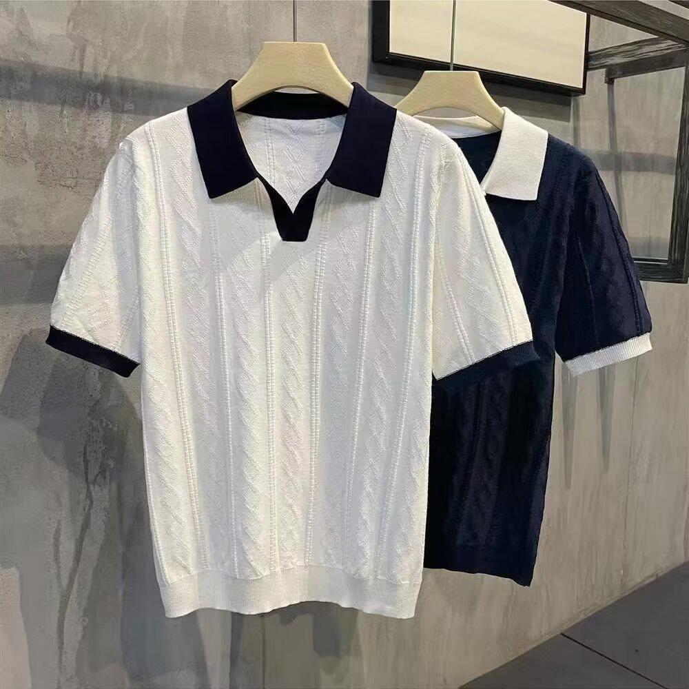 VantaGoods Heren zomer gebreide slim fit poloshirt - Koreaanse stijl, korte mouwen, pure kleur, ijszijde met casual revers M wit