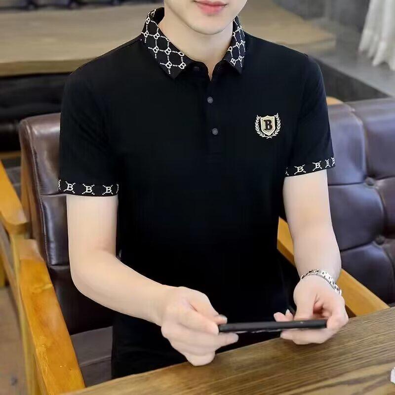 VantaGoods Heren 2024 Zomer Hong Kong Stijl Slim Fit Geborduurde Polo met Kleur-Gematchte Revers Korte Mouwen 2XL zwart